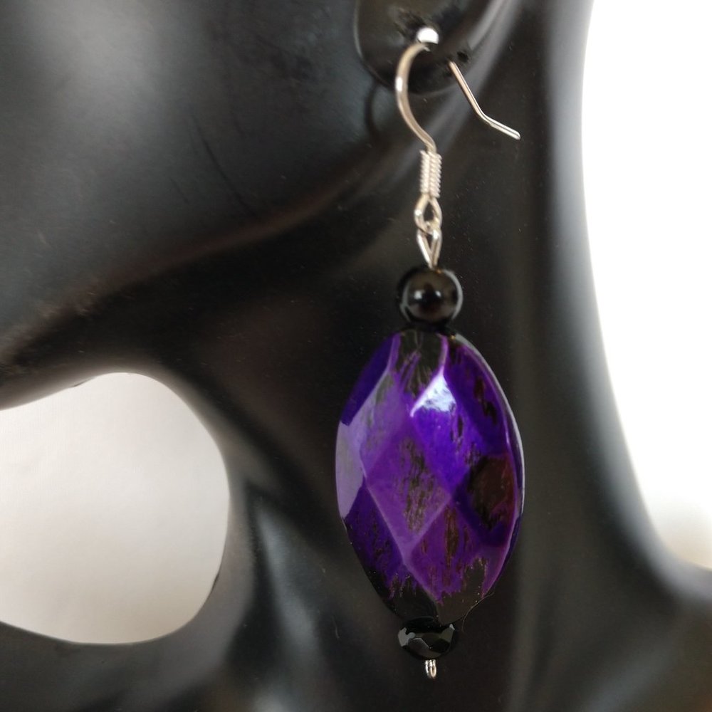 Purple and Black Earrings with Oblong Wooden Beads and Silver Tone Fishhooks